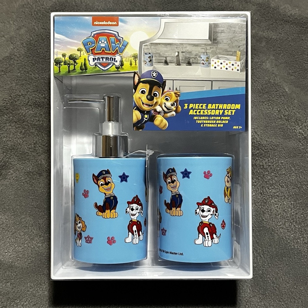 Paw Patrol 3 Pc Bathroom‎ Accessory Set Tooth Brush Holder-lotion/soap Pump-Bin